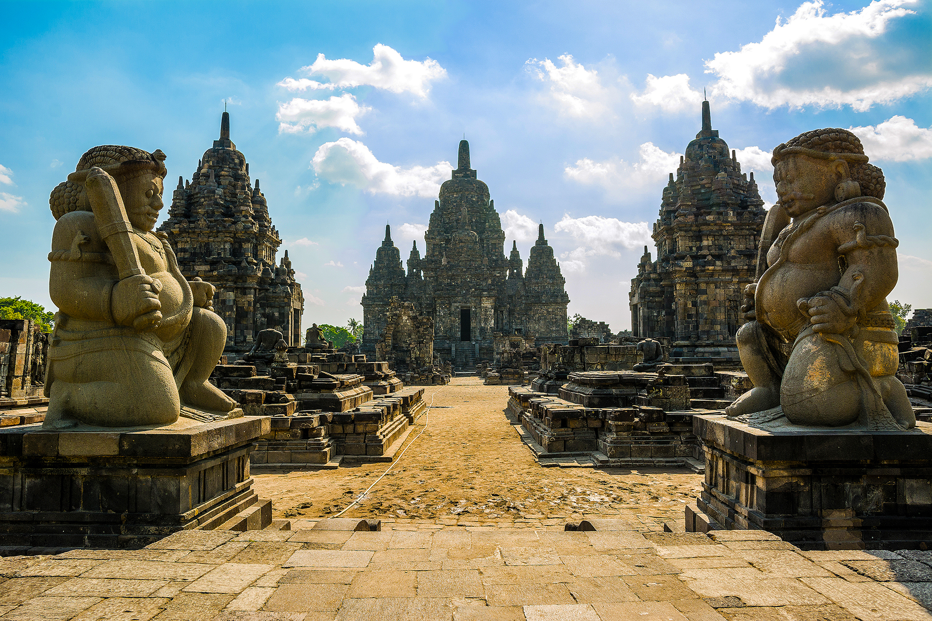 Ornate stone towers of Prambanan Temple, a UNESCO-listed Hindu temple complex near Yogyakarta, Indonesia