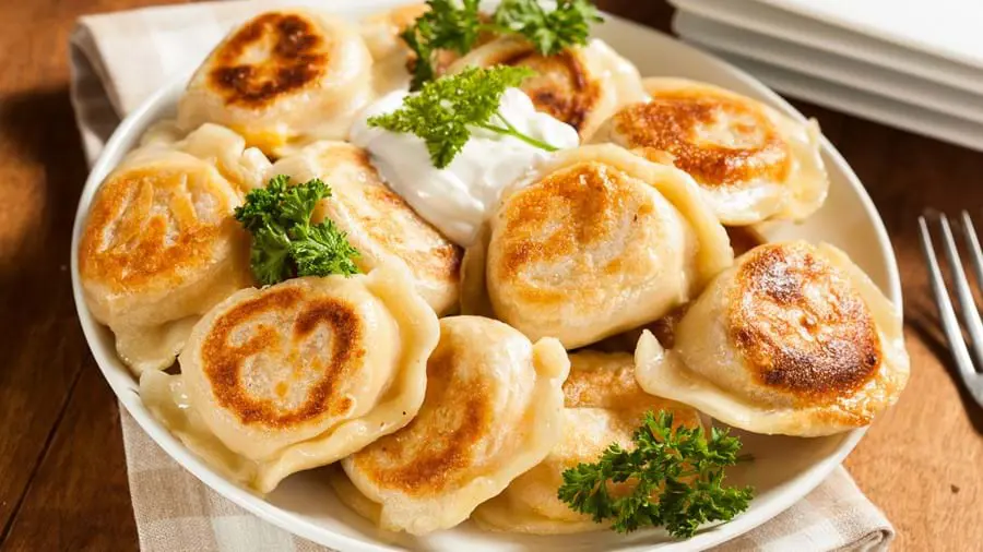 Polish pierogis with sour cream