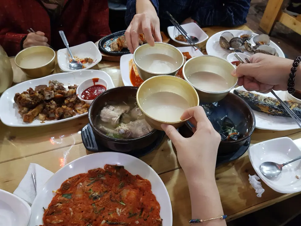 Korean traditional set table of Jeonju, with traditional rice wine(makgeolli)
